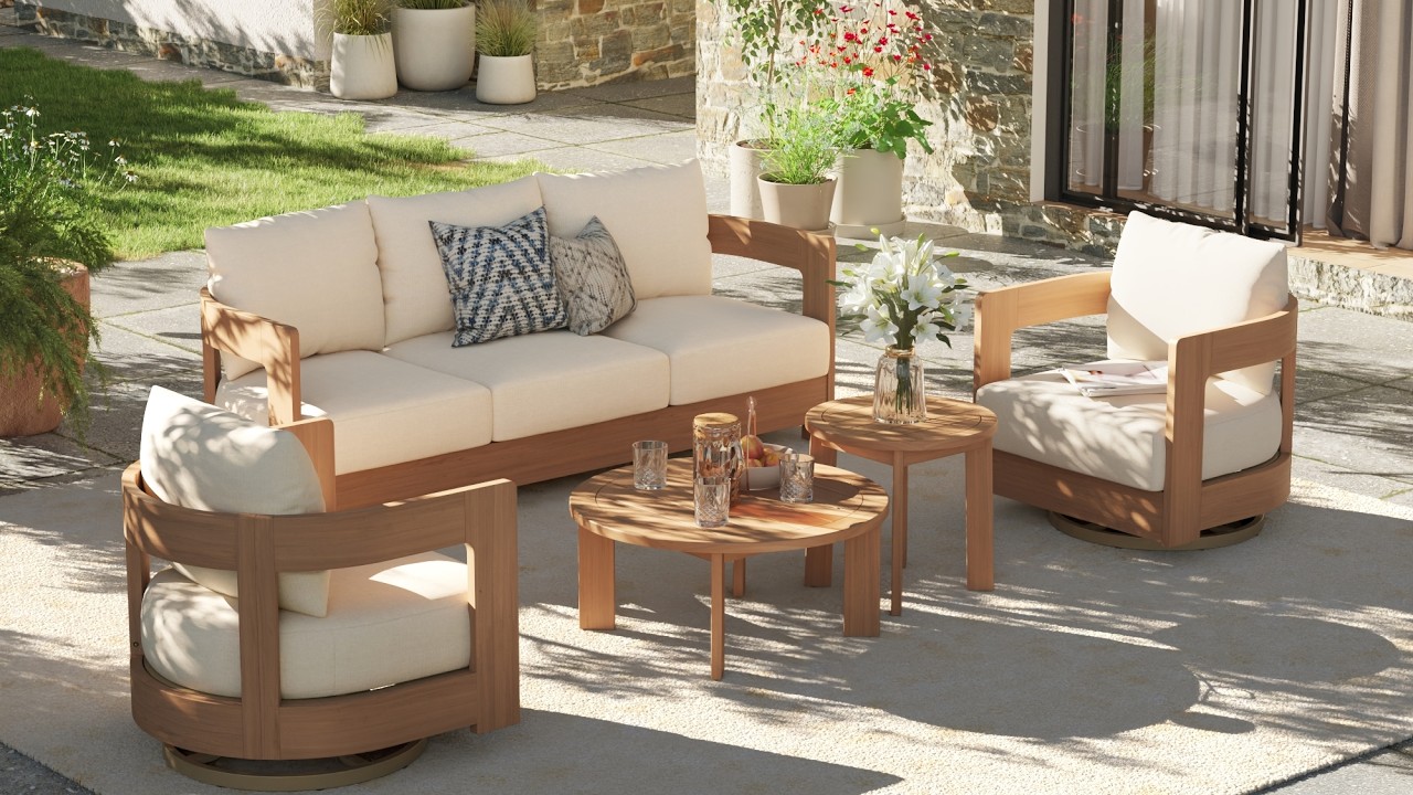 Sova Collection: Eucalyptus Wood Sofa Set + Acacia Wood Dining Set | Modern Calm Patio Furniture