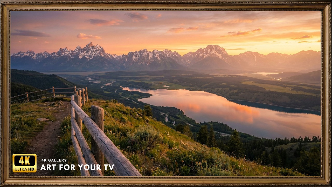 Golden Teton Mountain Overlook, Vintage Landscape Oil Painting 4K UHD | Framed Art TV Screensaver