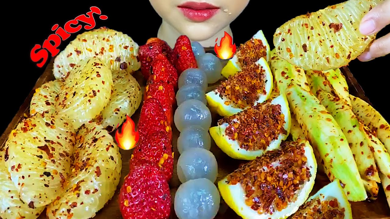ASMR Spicy Fruits Salad ( Grapefruit, Strawberry, Lemon, Mango, Longan )