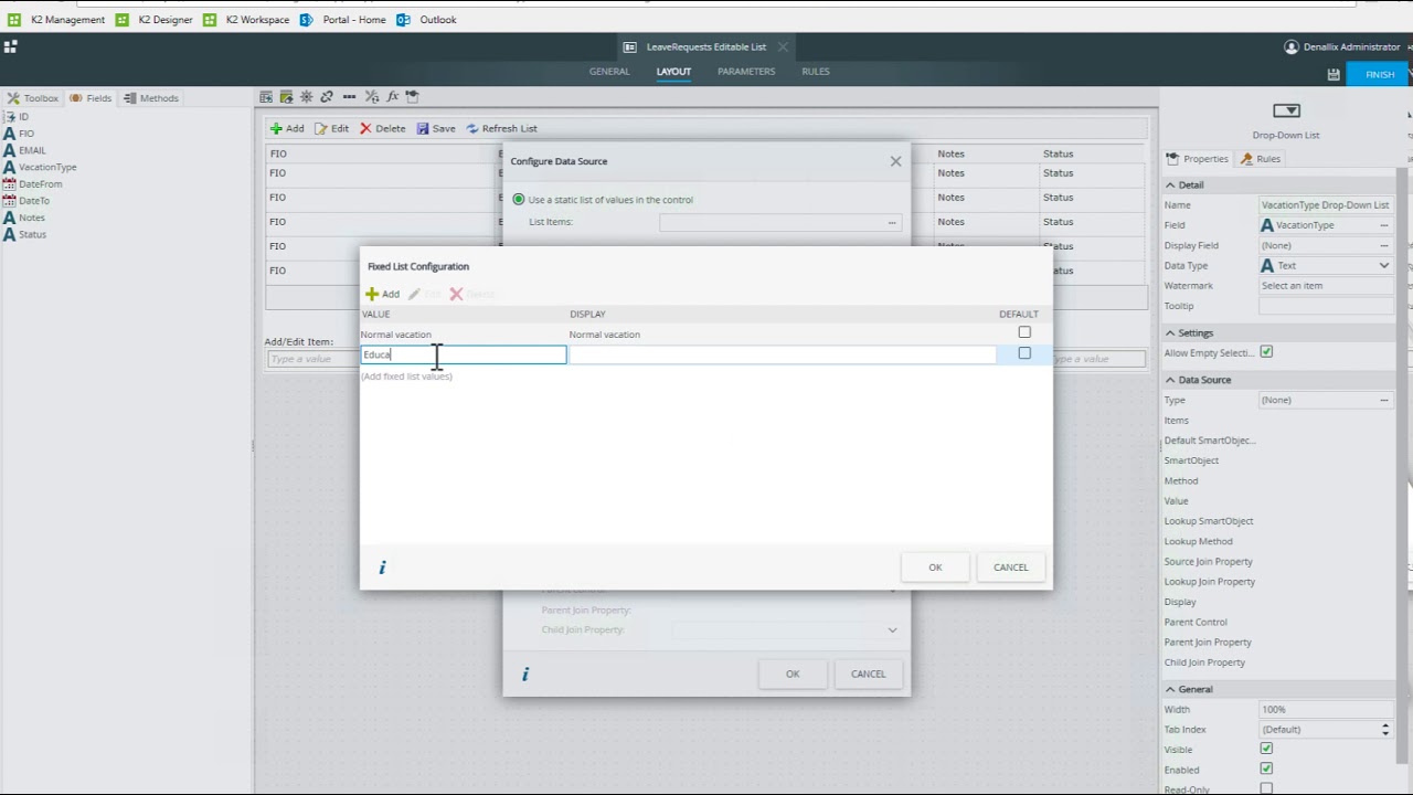 Редактирование элемента списка в K2 Five/K2 smartforms