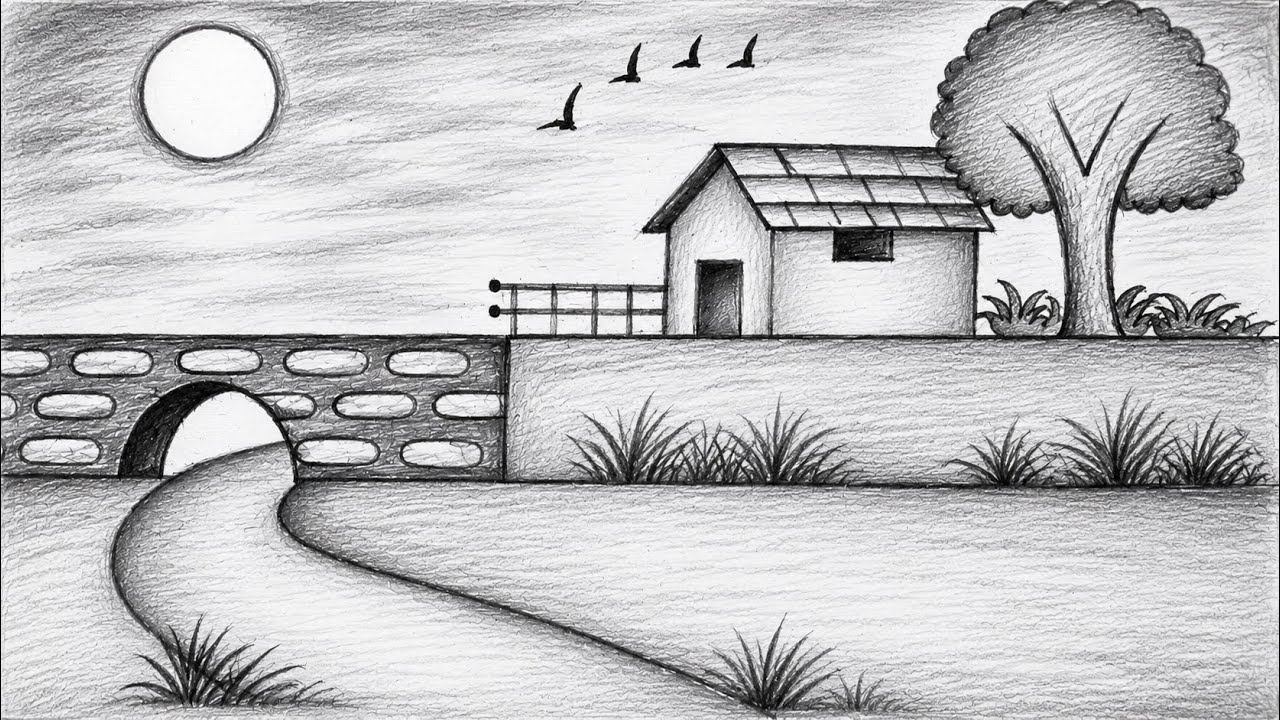 How to draw village scenery | easy step by step landscape scenery drawing | pencil drawing | pencil