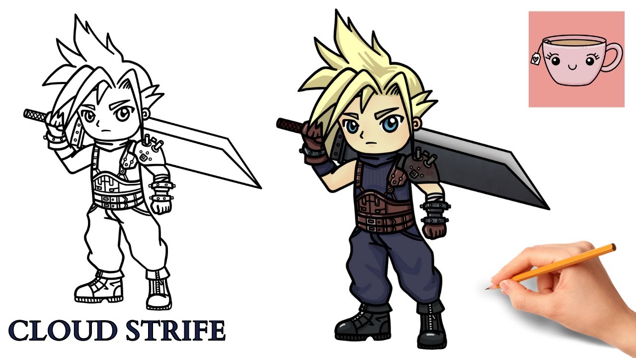 How To Draw Cloud Strife | Final Fantasy 7 - FF7 | Chibi Style | Easy Step By Step Drawing Tutorial