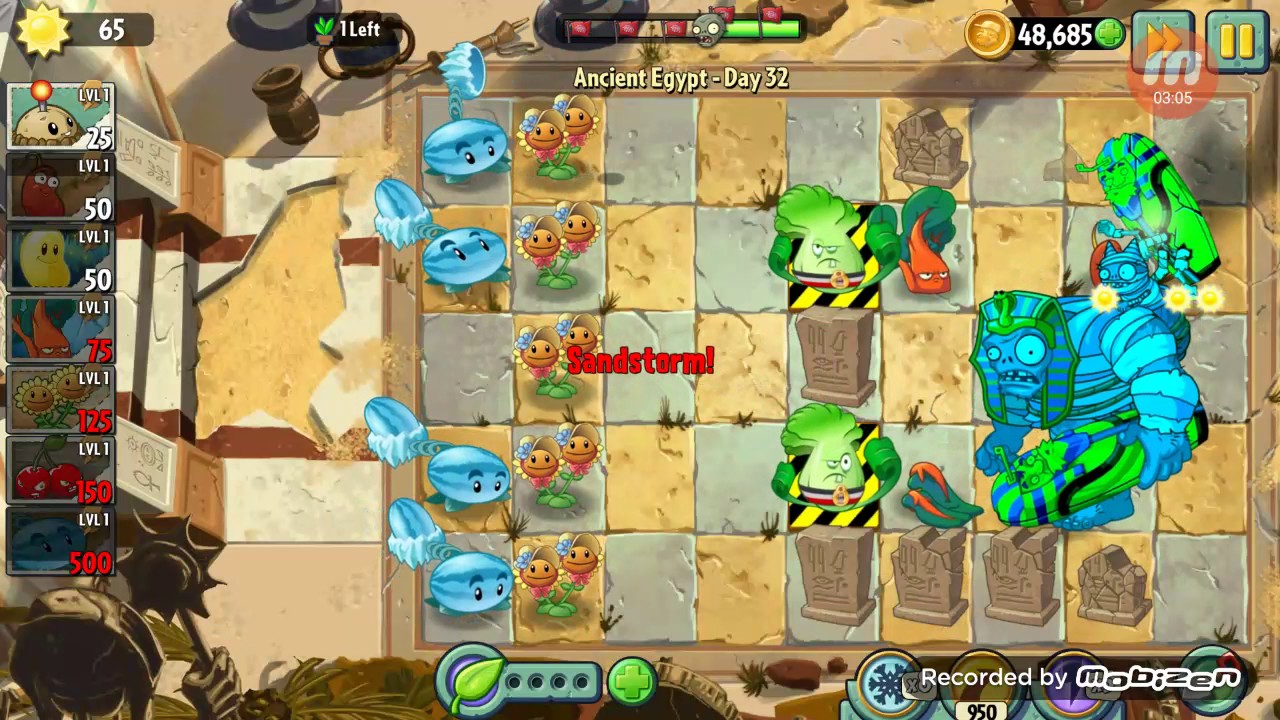 Plants vs zombies 2-Ancient Egypt day 32 (no gold bloom/no plant food/level 1 plants) walk through