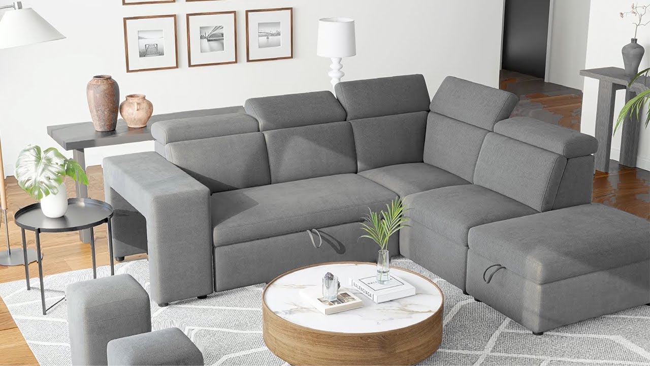 Finn Fabric Sectional Sofa Bed with Storage Ottoman & 2 Stools, Light Grey