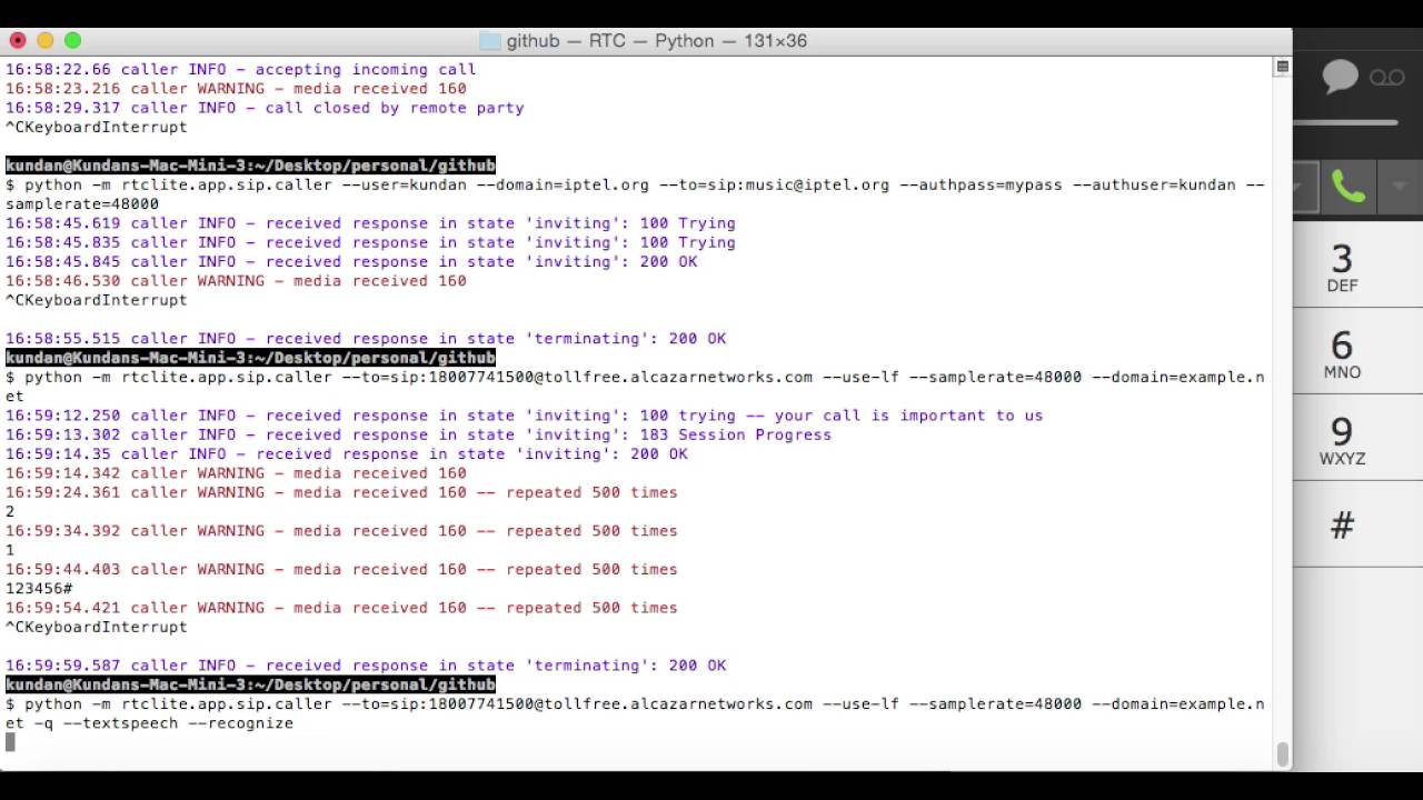 Command line SIP endpoint