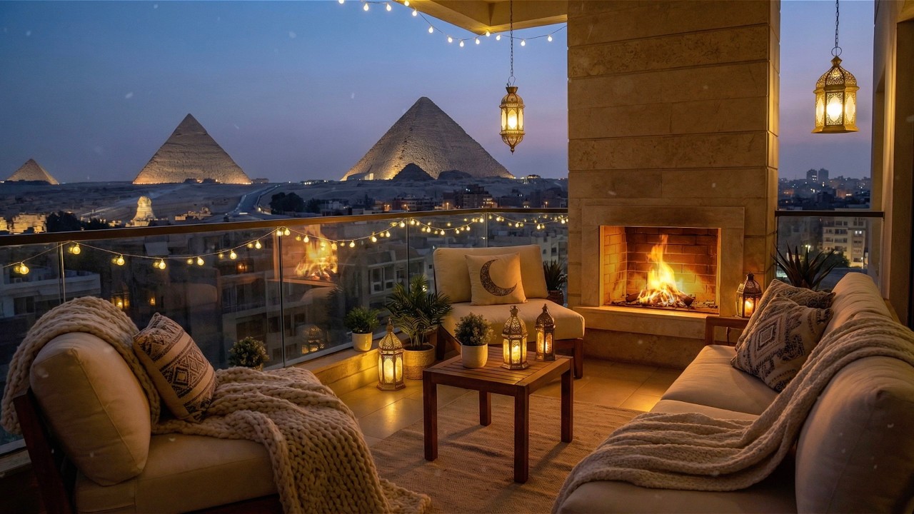 Egypt Ramadan Iftar Night Balcony Ambience 🌙✨🔥 (Fireplace and Cricket Sound)