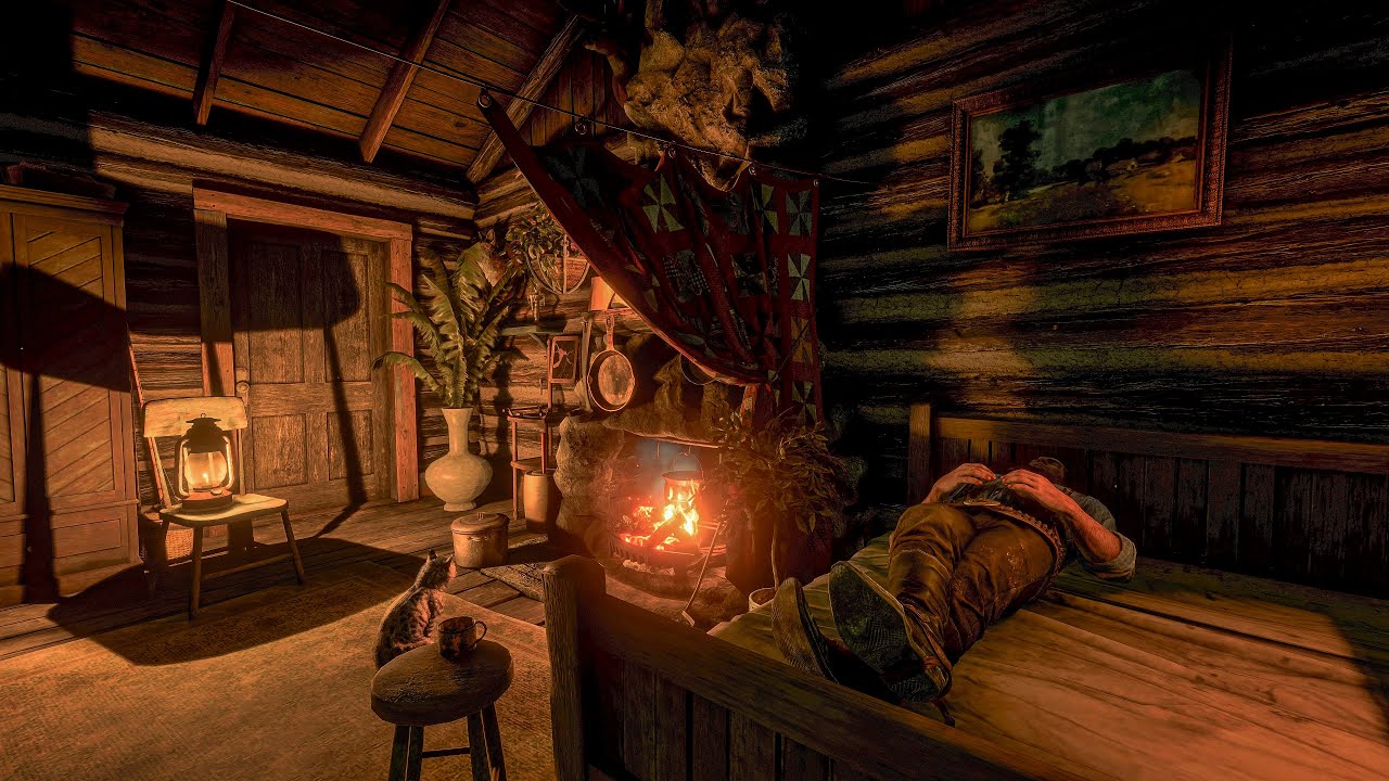 Thunderstorm Night – Arthur and his cat sleeping by the fireplace in a wooden cabin by the lake|RDR2