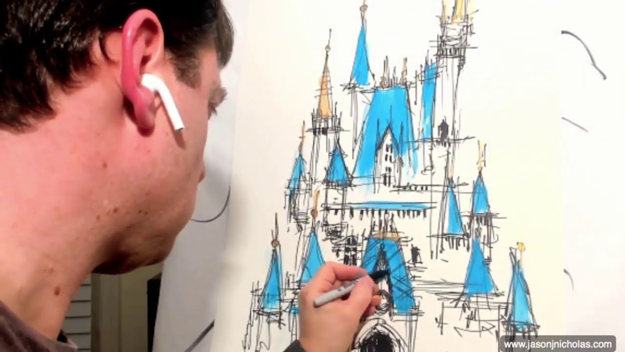 Cinderella's Castle - Ink & Watercolor Wash Sketch