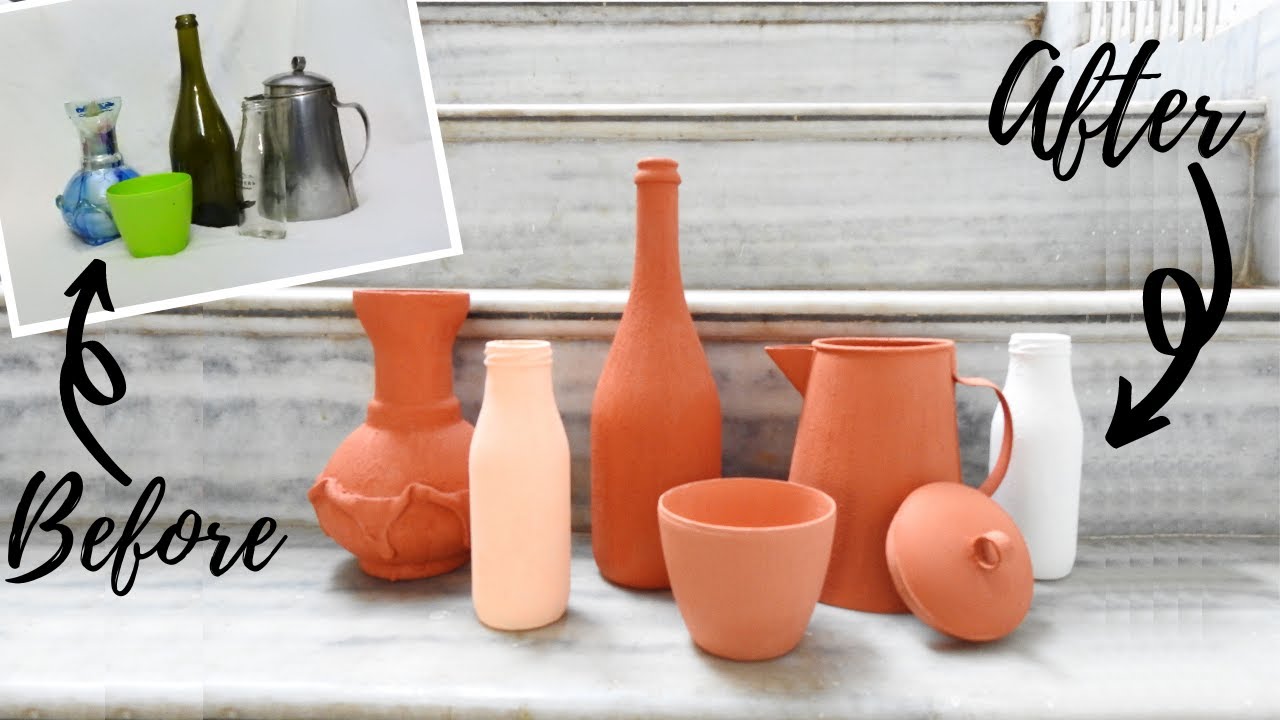 DIY FAUX TERRACOTTA VASES & POTS | FAUX TEXTURED CLAY | EASY VASE UPCYCLE