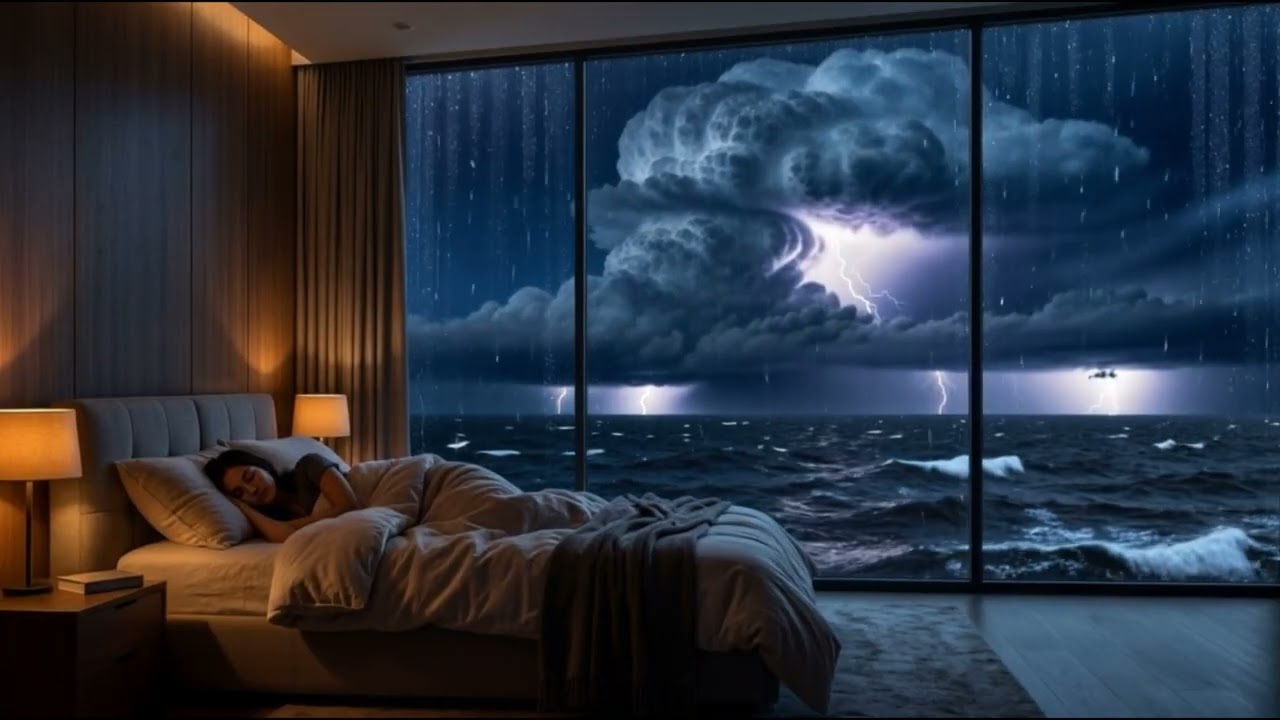 4K Thunderstorm Over The Ocean 🌩️ Rain On Glass Window for Deep Sleep | Cozy Bedroom Storm Ambience