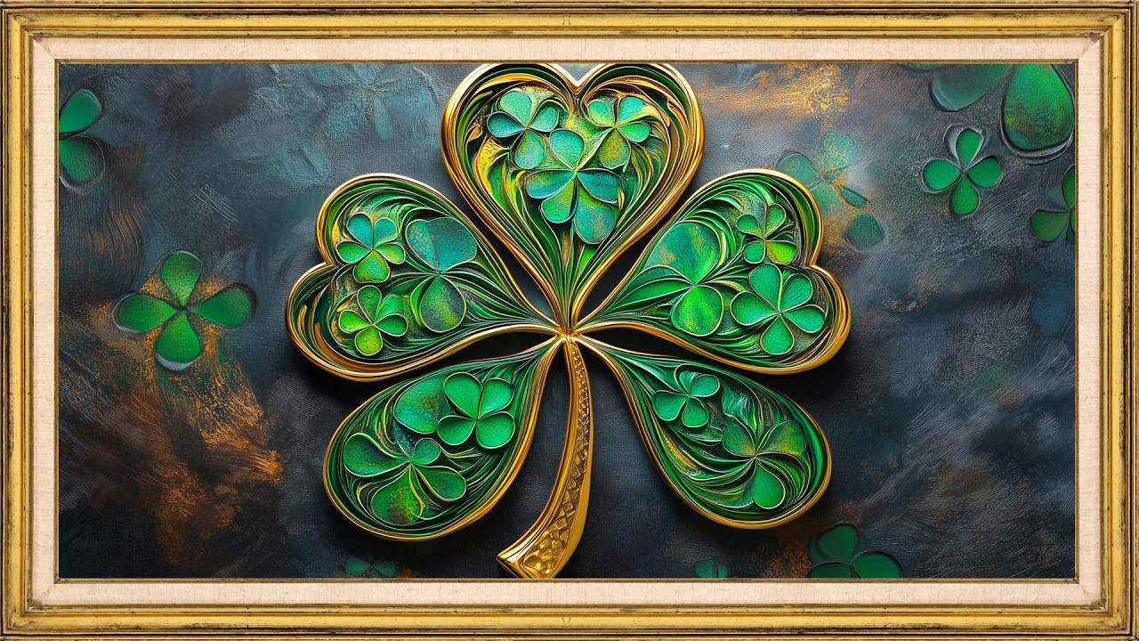 Elegant Green Shamrock Art Screensaver (2h) | Relaxing TV Frame Art | Gold & Emerald Abstract Clover