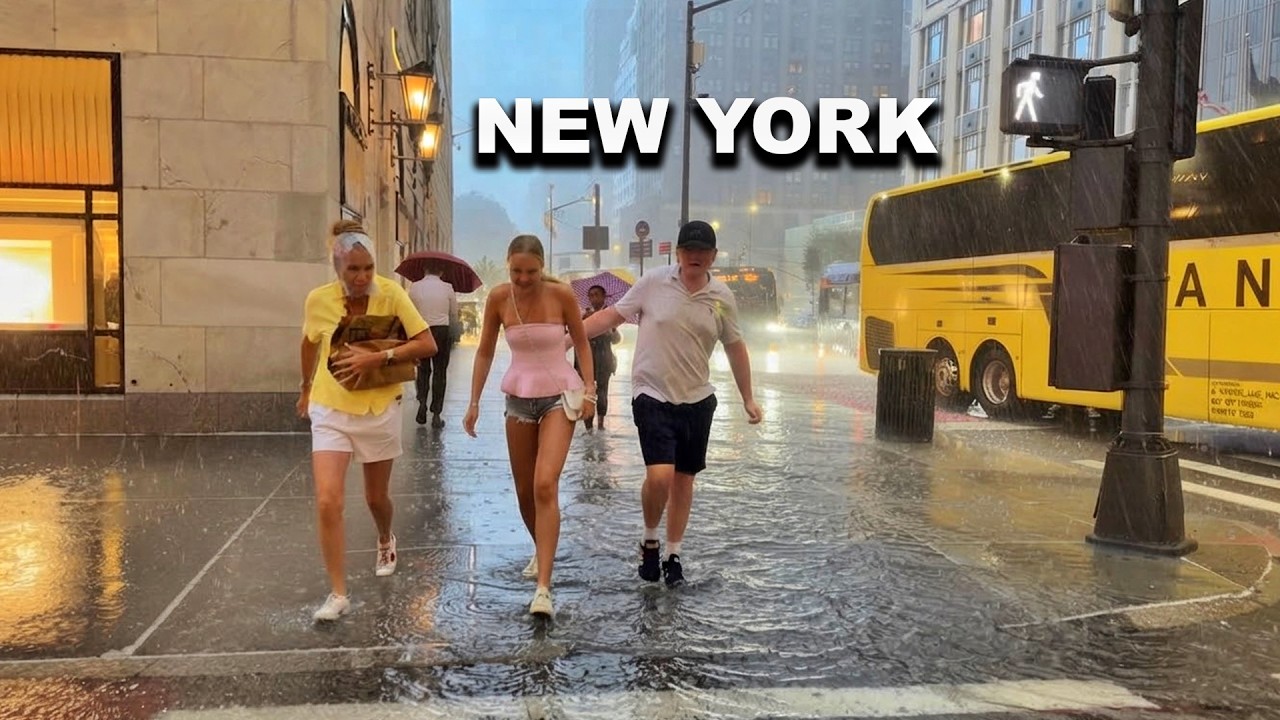 New York City Heavy Rain Walk 4K NYC Sever Thunderstorm Manhattan Flash Flood Warning