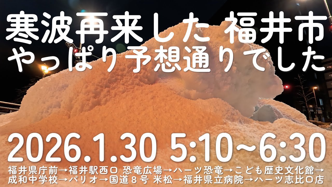 【寒波再来】JPCZがズレた？少なすぎる福井市の積雪 散歩動画 福井県庁→福井駅 恐竜広場→ハーツ恐竜→こども歴史文化館→成和中学校→パリオ→国道8号 米松交差点→福井県立病院→ハーツ志比口