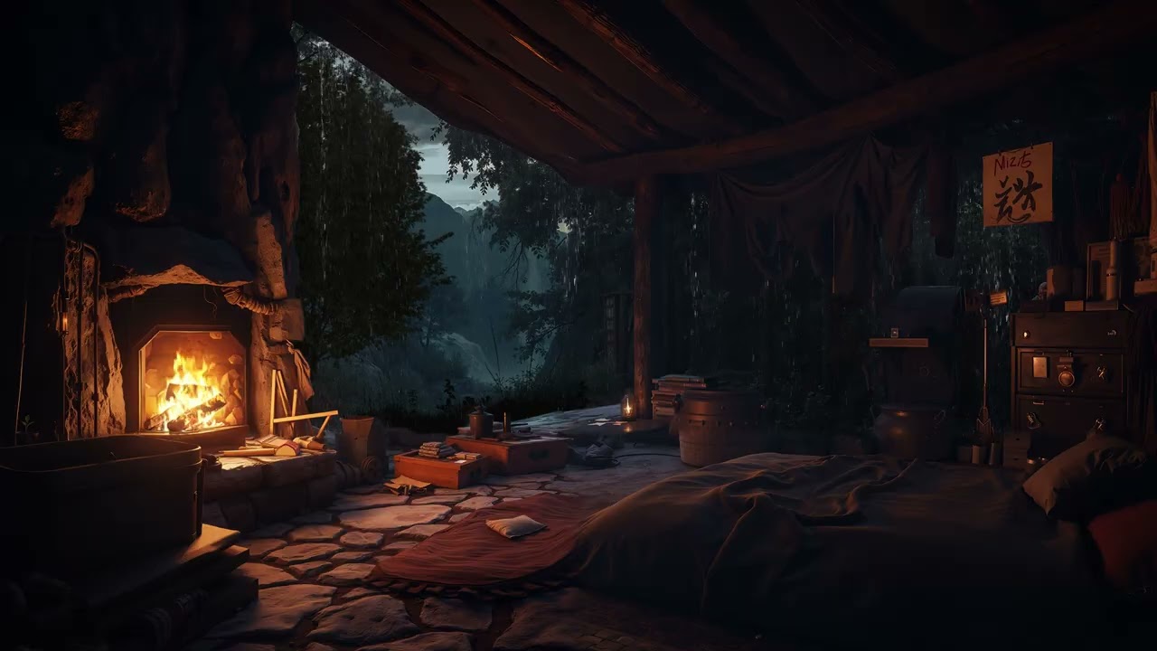 No Ads  Fireplace Ambience for Deep Sleep Night Rainfall and Gentle Thunder