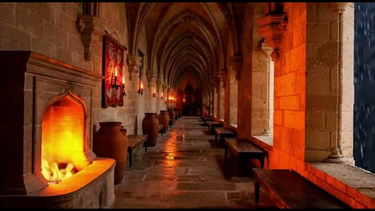 Medieval Corridor with Woodburning Fireplace🌩️🔥Rainy Night by the Fire in Medieval Corridor