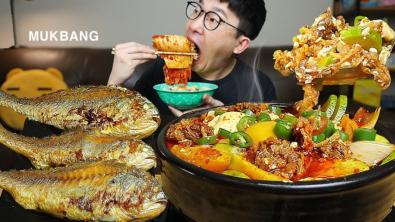 ASMR MUKBANGㅣBeef Spicy soft tofu stew & Grilled Yellow CroakerㅣEATING SHOW