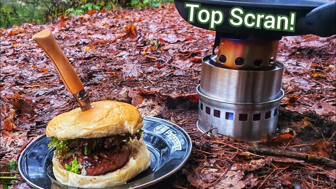 Cooking a Gourmet Burger - On The Tomshoo Wood Burning Stove - In The Rain