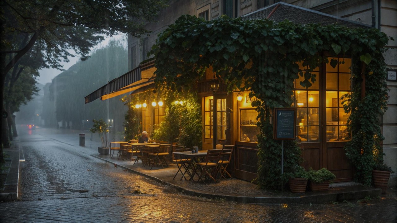 Peaceful Music Piano at Street Cafe, Relaxing Rainfall | Stress Relief & Calm Rain Ambience