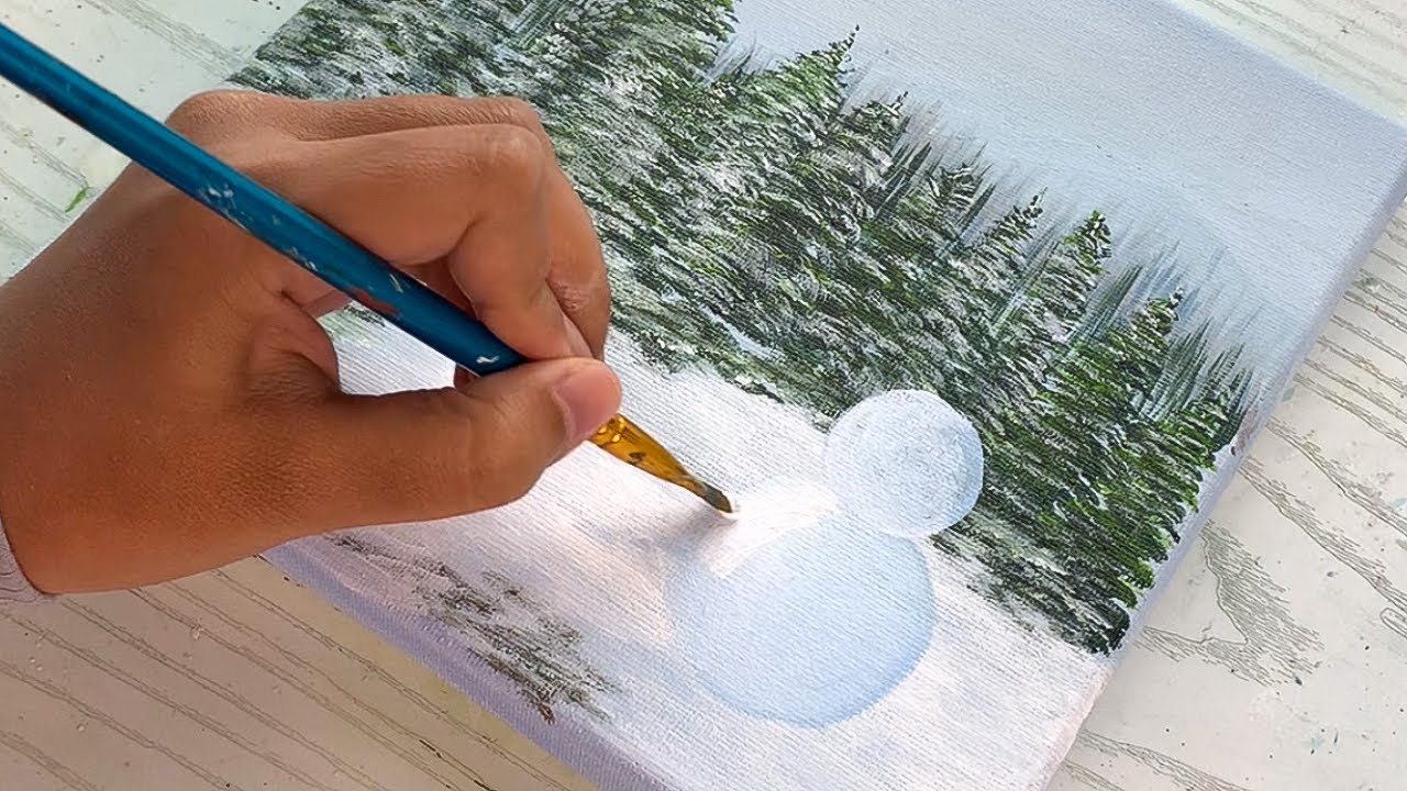 How to Paint a Cute Snowman Blowing Bubbles in a Winter Landscape / Acrylic Painting for Beginners