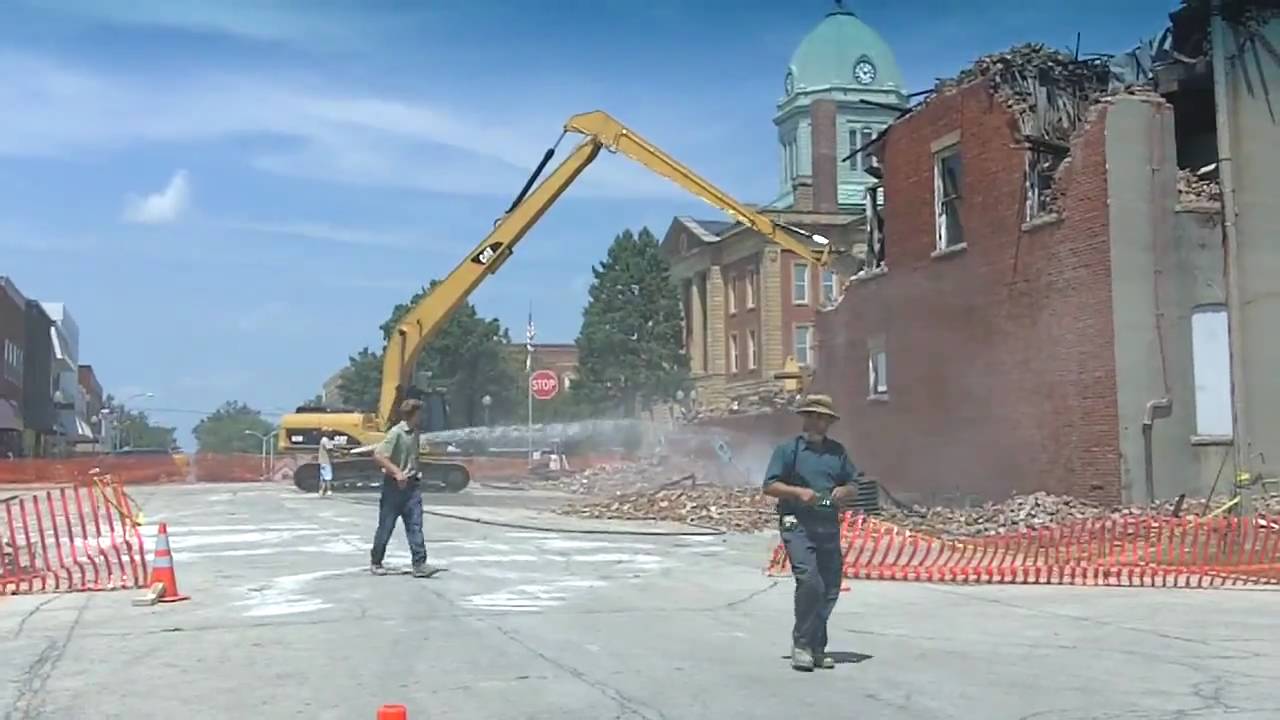 Demolition Sullivan Illinois Bricks Falling with Cat 325D