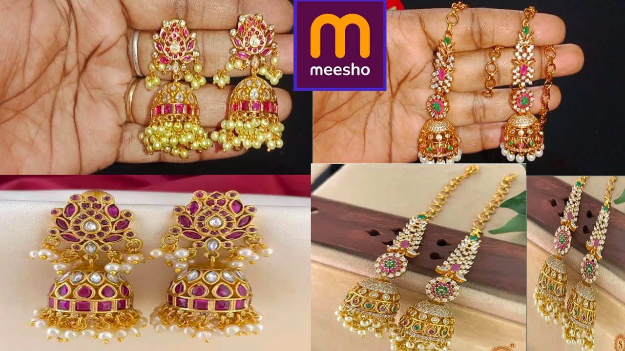 Latest gold plated earrings designs/meesho jewellery haul/jhumka with matilu&jadau kundan earrings👌🏻
