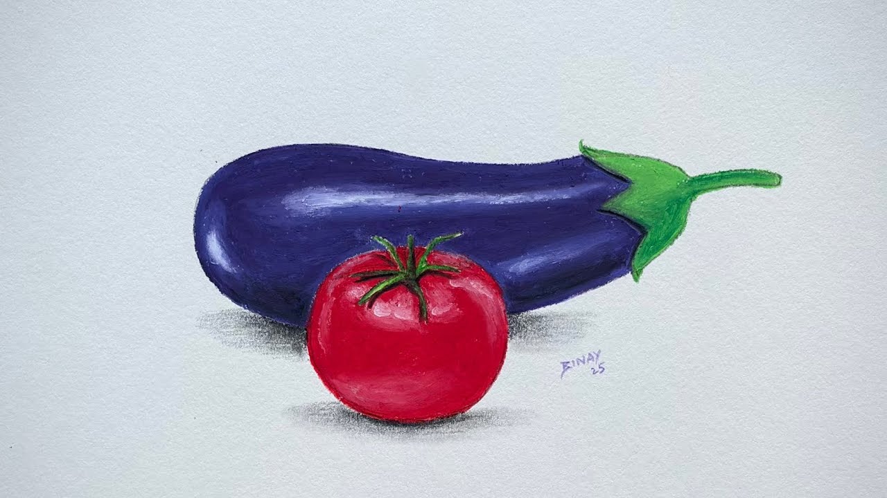 How to Draw a Realistic Brinjal and Tomato | Still Life Vegetables Drawing 