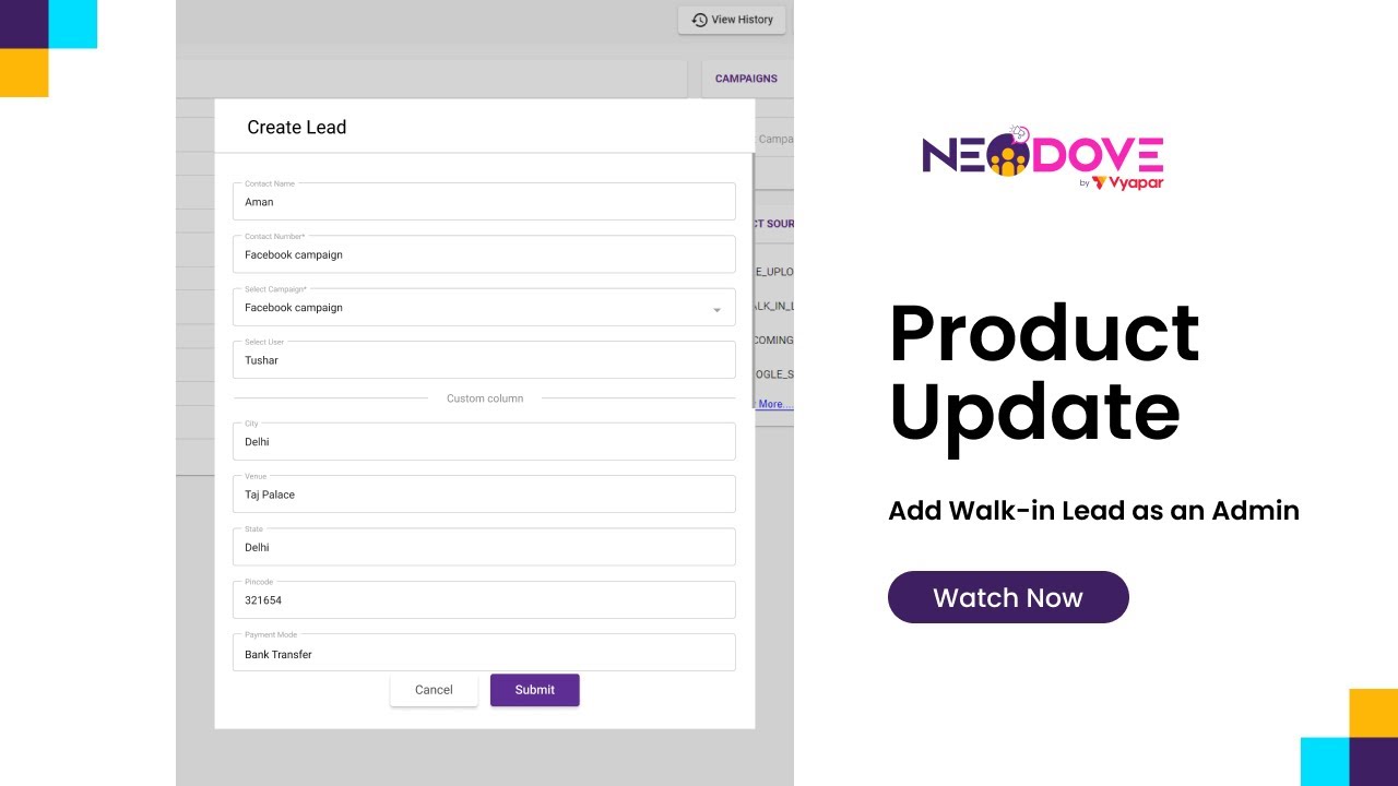 Product Update | Add Walk-in leads from Admin Portal | NeoDove | August 2023 | Admin Portal