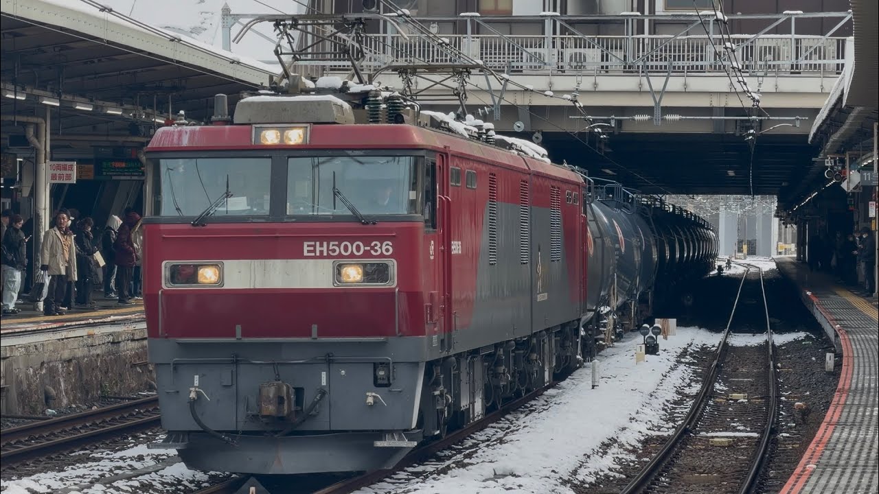 【4K高画質】【約11時間20分遅れ】JR貨物EH500形36号機〔仙貨〕＋紺色タキ16両が大宮駅10番線を通過するシーン（1071レ・仙貨A105・石油輸送）2026.2.8