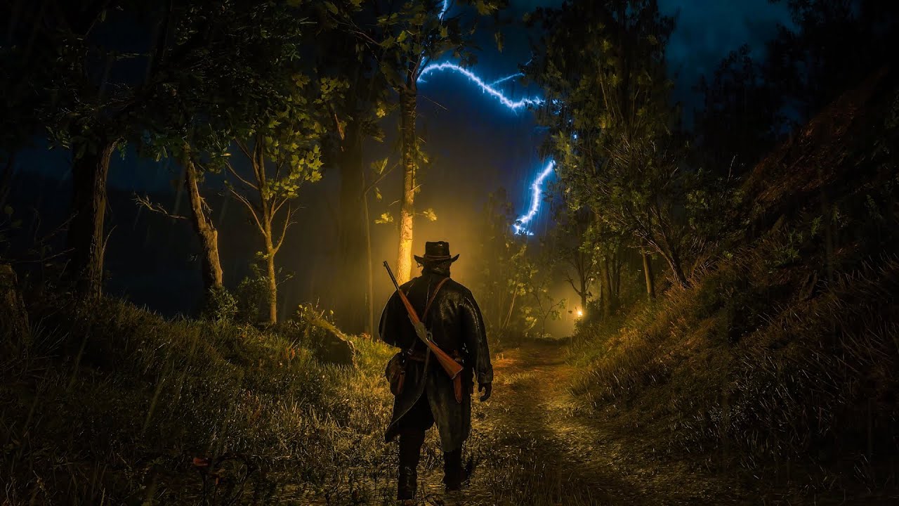 Walking in Thunderstorms at Night | Red Dead Redemption 2 Forest | RDR 2 ASMR