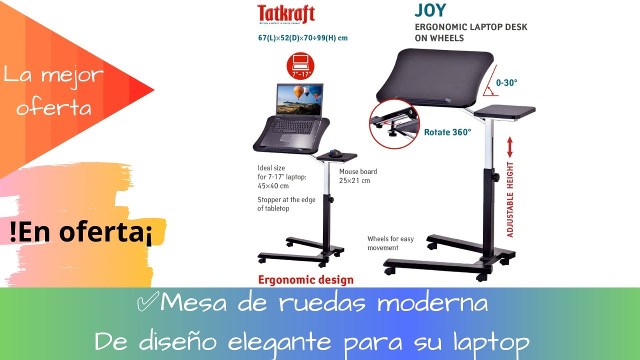 Tatkraft Joy Mesa Ordenador Portatil con Ruedas Soporte para Ratón Escritorio Altura Ajustable