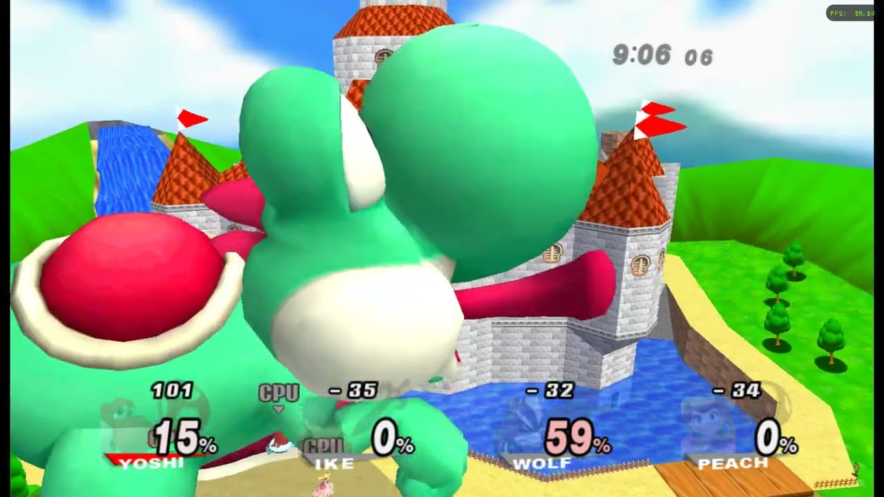 SSBB Hacks: Giant Growing Mint Yoshi vs. Ike, Wolf & Peach