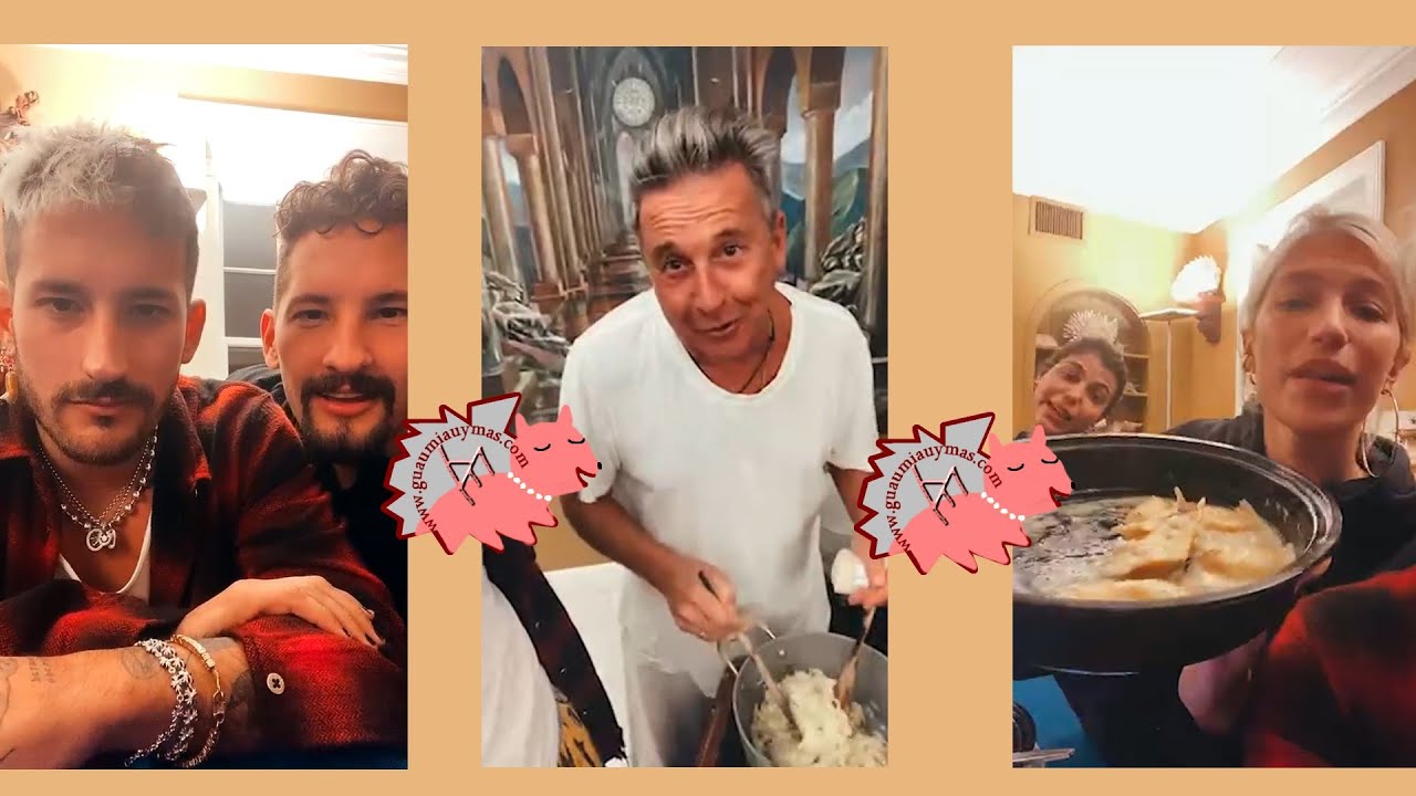 Mau y Ricky con Ricardo Montaner y Stefania Roitman hablando con fans en la comida
