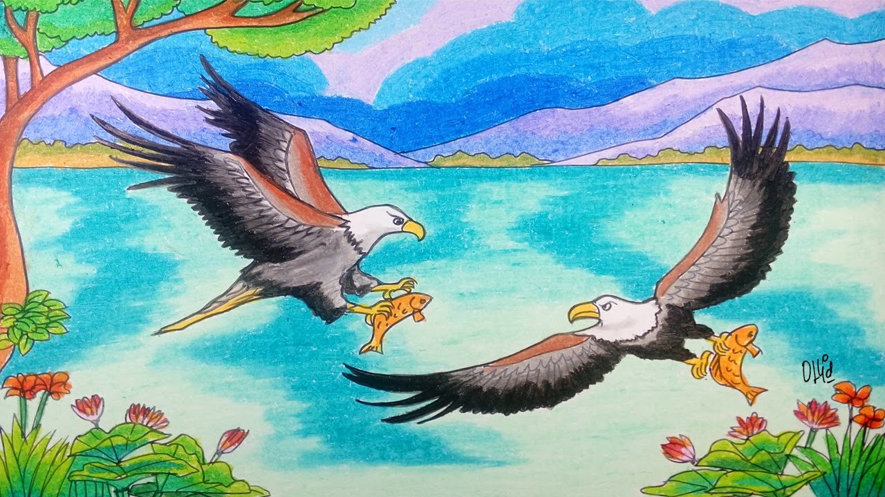 Cara Menggambar Burung Elang Mencari Mangsa Dan Pemandangan Danau Dengan Crayon/Oil Pastel