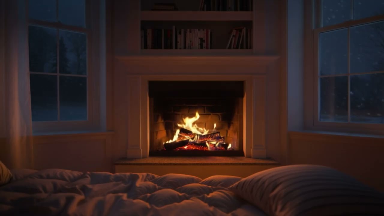 8 Hours Cozy Fireplace Ambience (4K) 🔥 Winter Night Bedroom | Crackling Fire Sounds for Sleep &Study