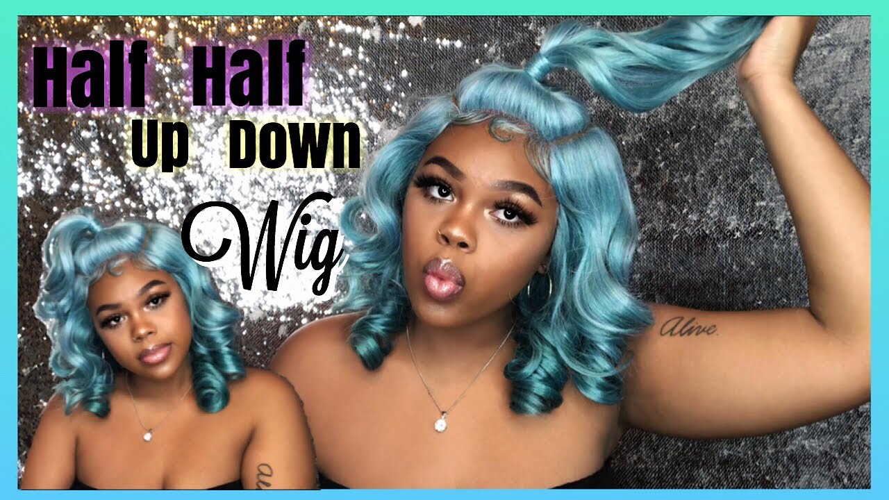 Half up half down blue synthetic wig!!😍💦