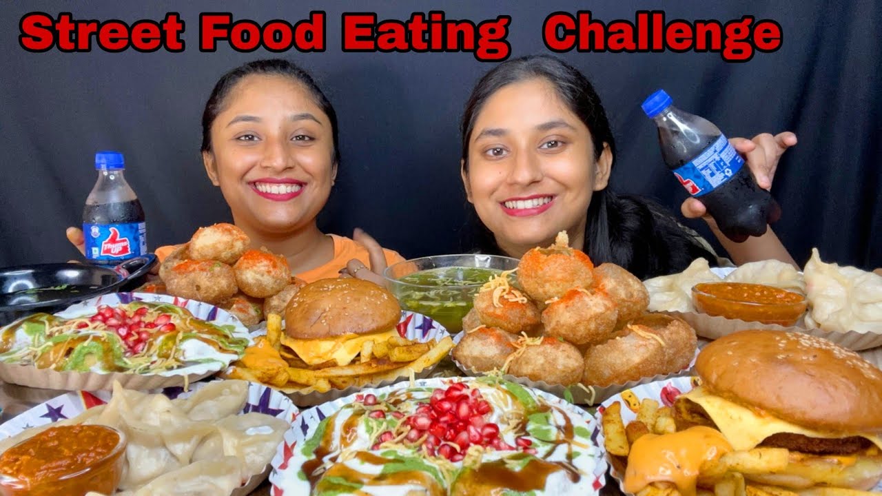 Eating😋 Street Food Challenge Spicy Panipuri,Dahi Bhalla, Cheese corn Momos🥟,Veg Tikki Burger 🍔