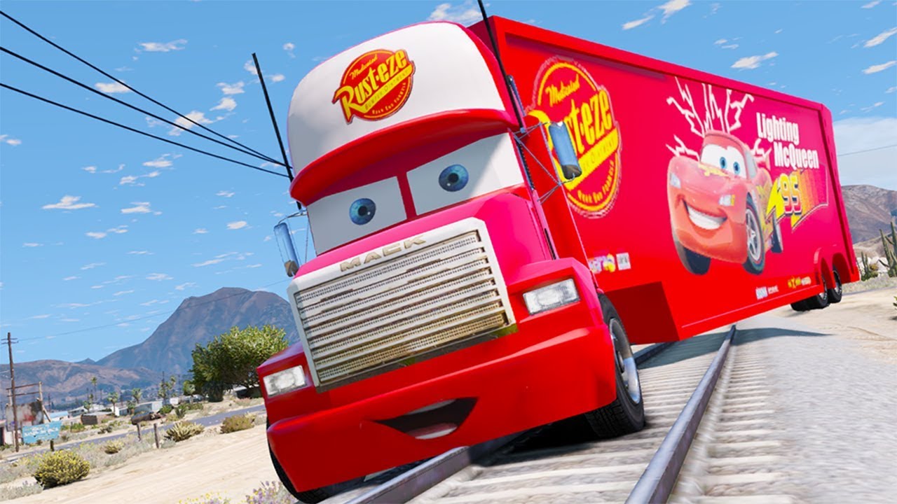 Mack Truck Hauler in Trouble with Train - Disney Cars Crash & Superheroes for Kids