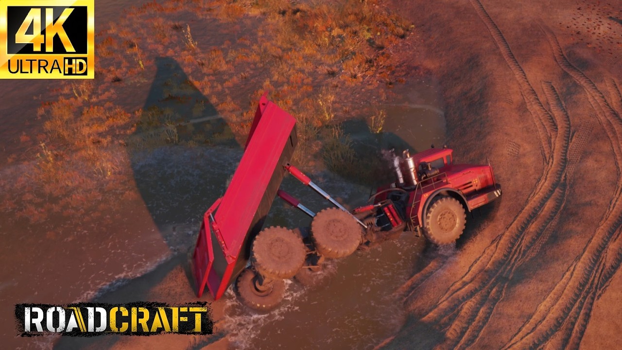 ROADCRAFT (4K) - Nearly tipped the dump truck. Building a road through a lake. Facing bad weather