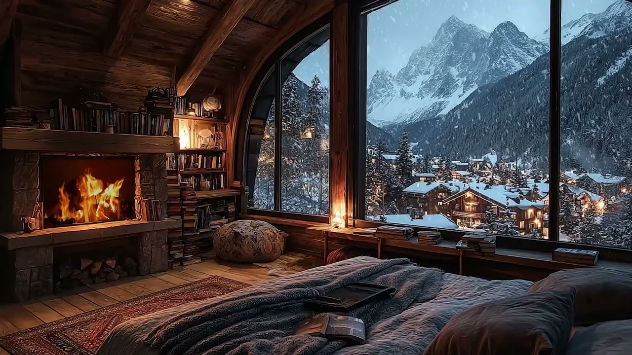 Warm Cabin Fireplace Ambience with Gentle Snowfall and Wind Sounds for Peaceful Relaxation