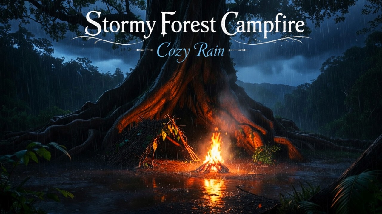 Stormy Forest Campfire 🌧️ Sleepy Piano & Rain Sounds for Deep Sleep & Cozy Focus