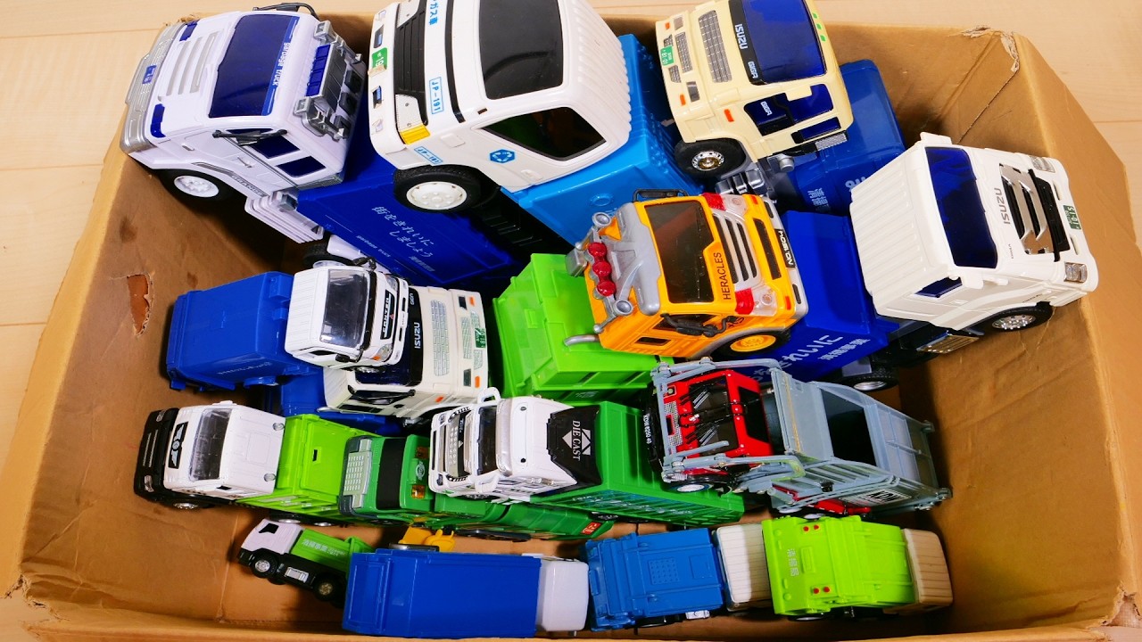 ごみ収集車のミニカーを箱にまとめてみた！急な坂道を走行させてみた Garbage Trucks Drive A Steep Hill