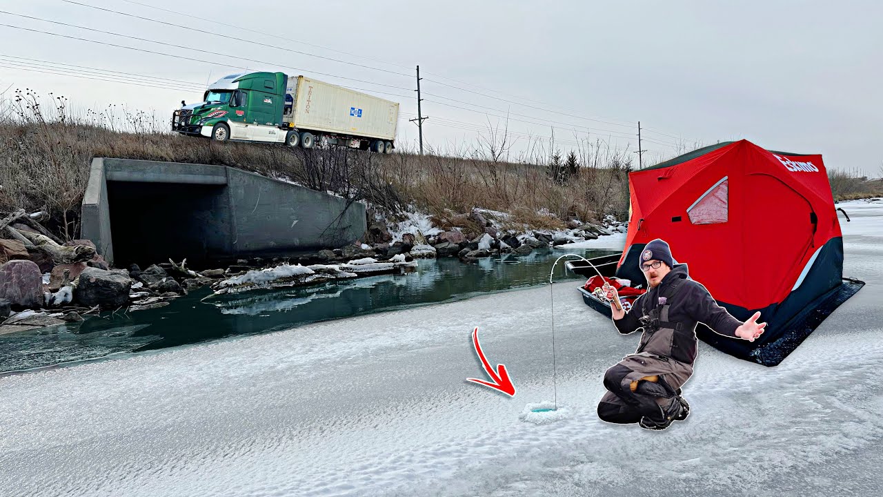 24 Hour Ice Camping Next To A BUSY HIGHWAY!!! (500 Pound Beatdown)