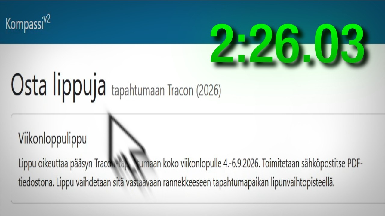 Tracon 2026: Lipunmyynti-speedrun (Viikonloppulippu%) in 2:26.03