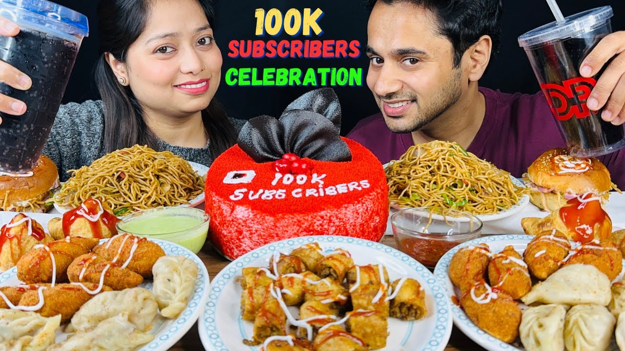 Eating Noodles, Burger, Momos,Springroll, Samosa & Red Velevet Cake (100k Subscribers Celebration)🎉
