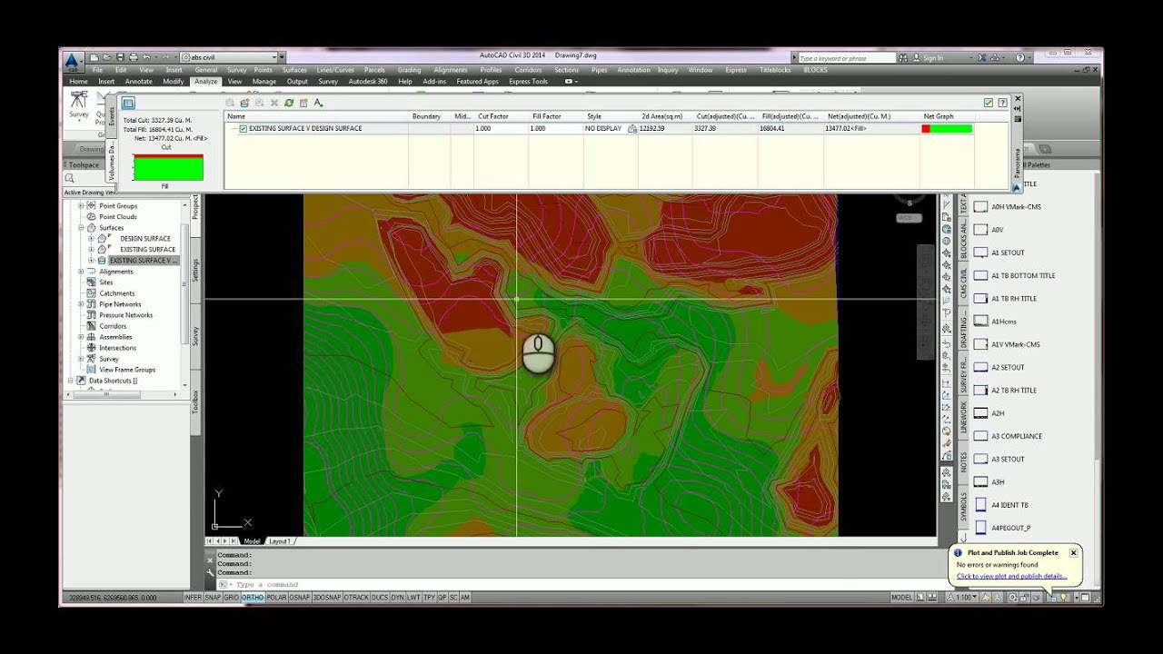 CIVIL3D  CUT AND FILL VOLUMES AND ELEVATIONS ANALYSIS DISPLAY