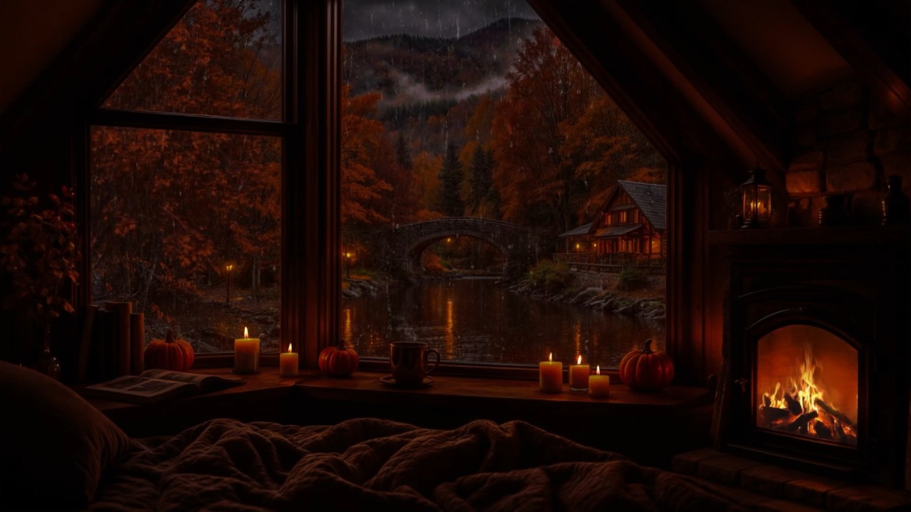 NO ADS🔕🌧️Cozy Rainy Autumn Night🍂Rain Sounds Outside the Window & Warm Fireplace for Deep Sleep💤
