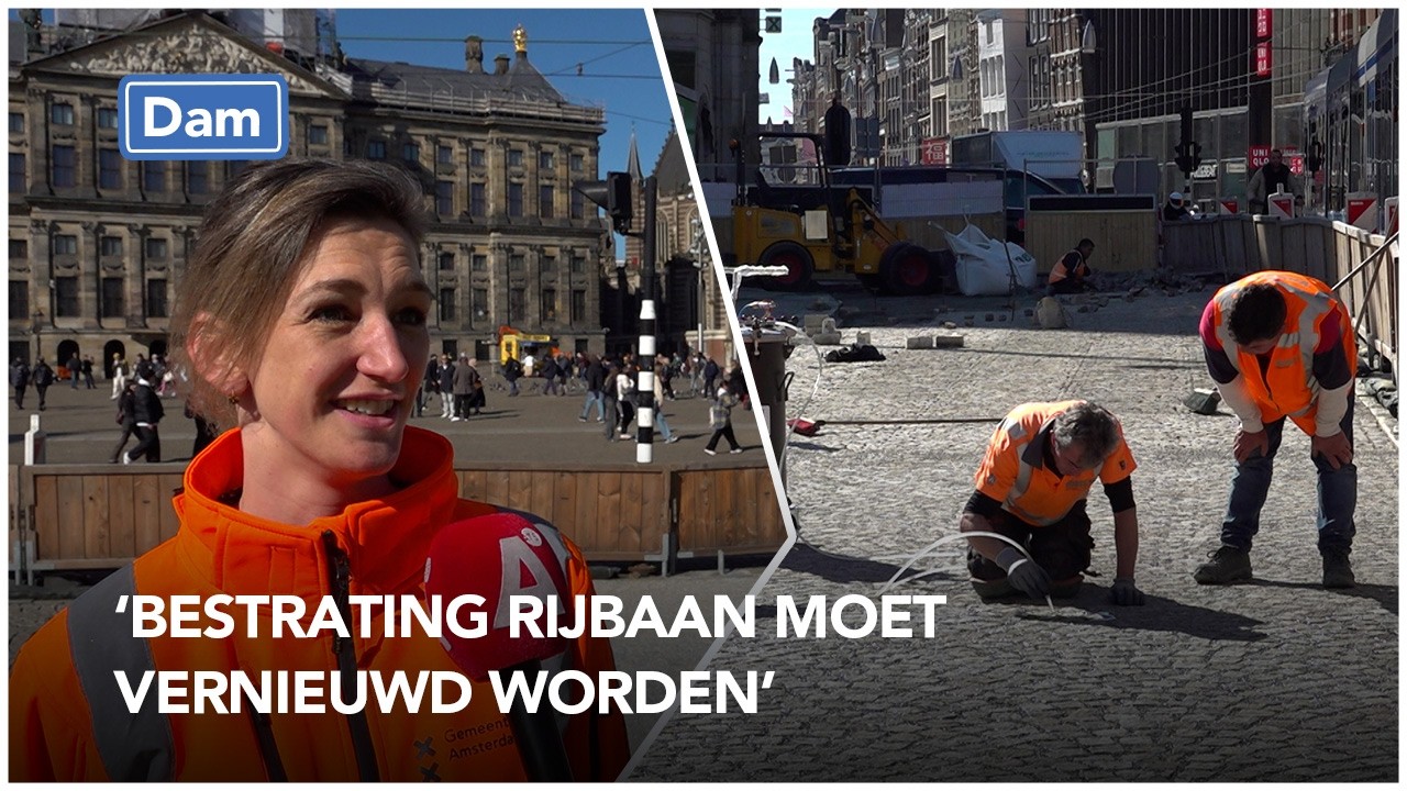Nieuwe keien op de rijbaan van de Dam