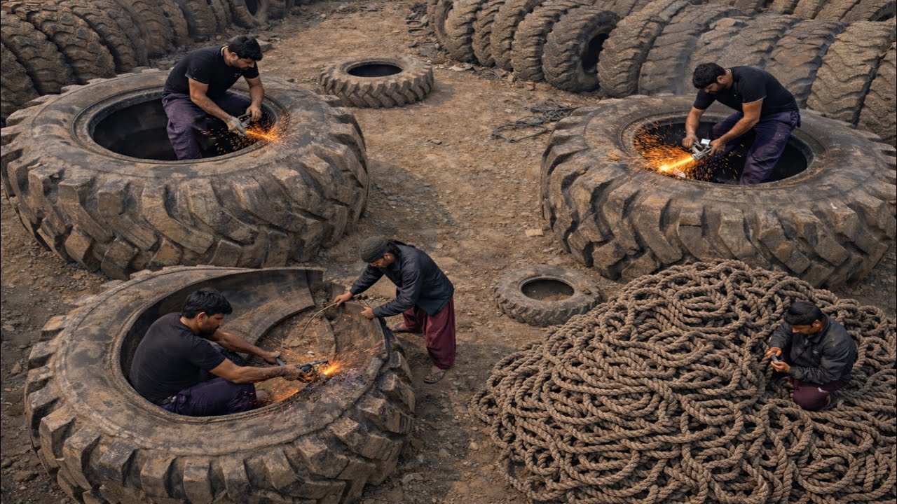 Old and Scrap Huge Tyre Cut and Make a Flexible Rubber Ropes | Rubber Rope Making process ||