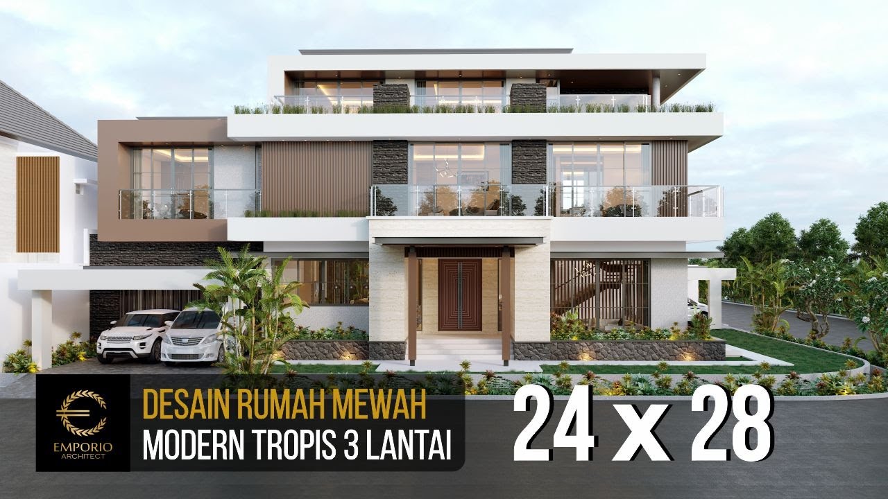DESAIN RUMAH MEWAH STYLE MODERN TROPIS IBU EVA DENGAN LEBAR 24M DAN PANJANG 28M (3D VIDEO)