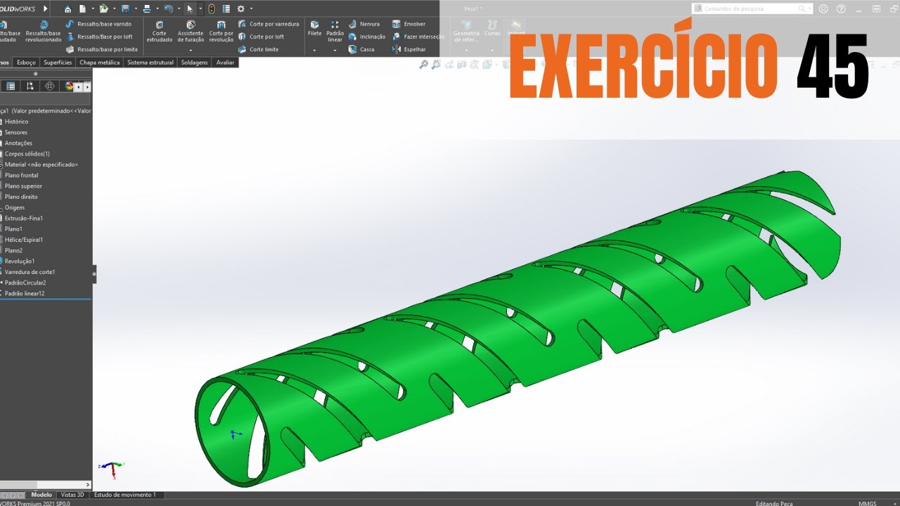 EXERCÍCIO 45 SOLIDWORKS - CORTES EM TUBOS CILINDRICOS
